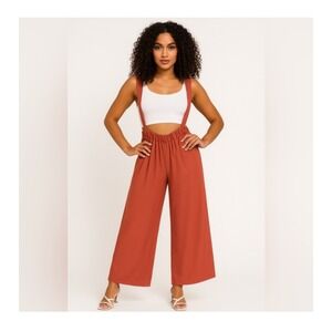 Zenana High‎ Waisted Wide Leg Jumpsuit Terracotta Rust Orange Suspender Pants